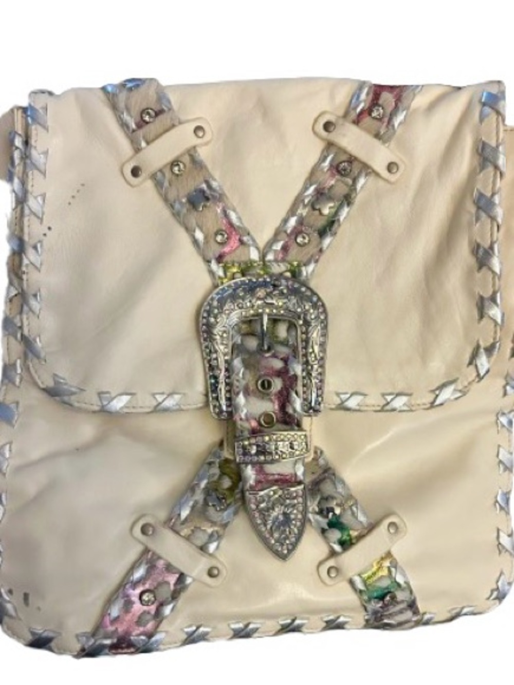 NWT 2007 CHARM AND LUCK Rhinestone Messenger Bag Leather Designer Purse Handbag
